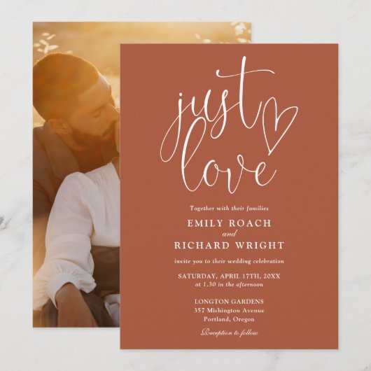 Invitation Just Love Elegant Script Photo Terracotta Mariage (Devant / Derrière)