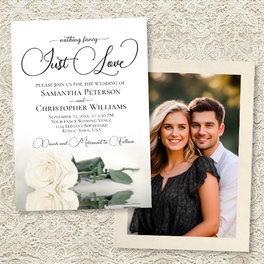 Invitation Just Love Elegant White Rose Photo Back Wedding