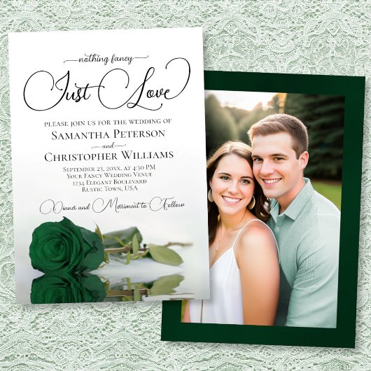 Invitation Just Love Emerald Green Rose Photo on Back Wedding