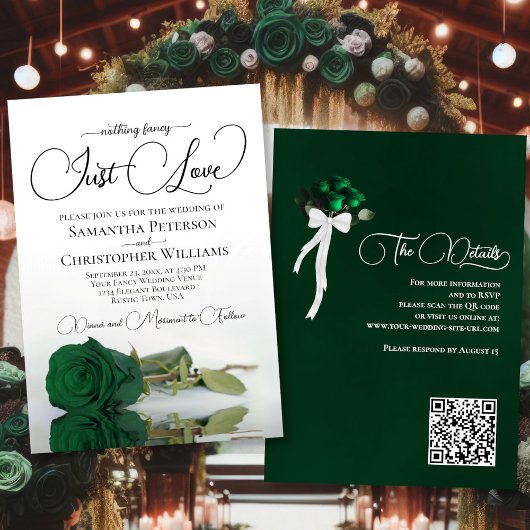 Invitation Just Love Emerald Green Rose QR Code Mariage