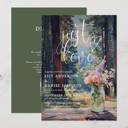 Invitation Just Love Forest Floral Bocal Mason QR Code Mariag (Devant / Derrière)