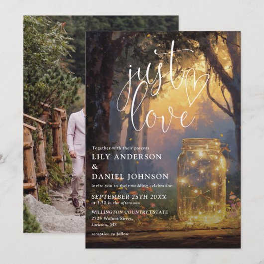Invitation Just Love Forêt Enchantée Pot Mason Photo Mariage (Devant / Derrière)