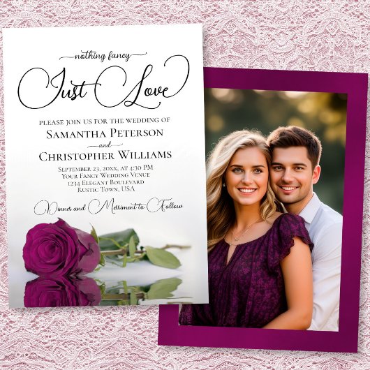 Invitation Just Love Magenta Berry Rose Photo Back Wedding