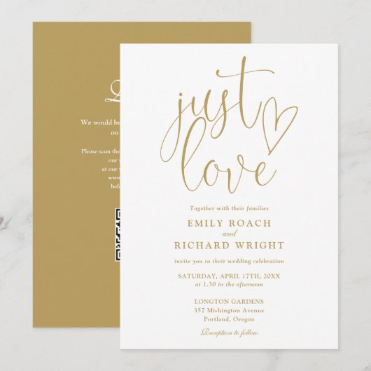 Invitation Just Love Modern QR Code Chic Gold Mariage (Devant / Derrière)