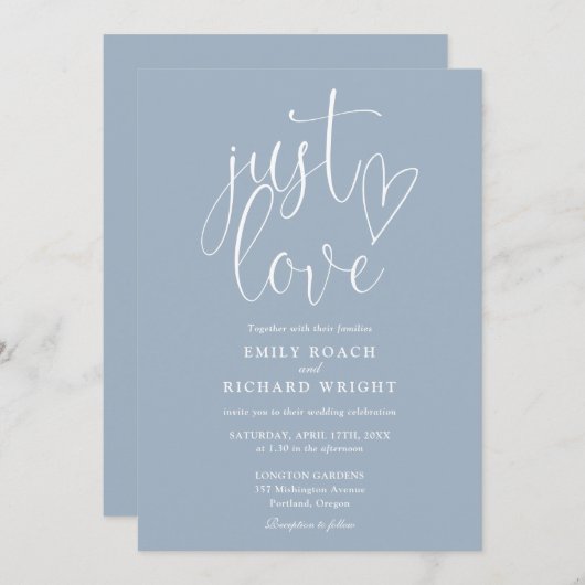 Invitation Just Love Modern QR Code Dusty Blue Mariage (Devant / Derrière)