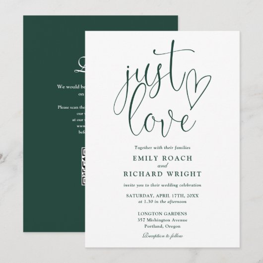 Invitation Just Love Modern QR Code Emerald Green Mariage (Devant / Derrière)