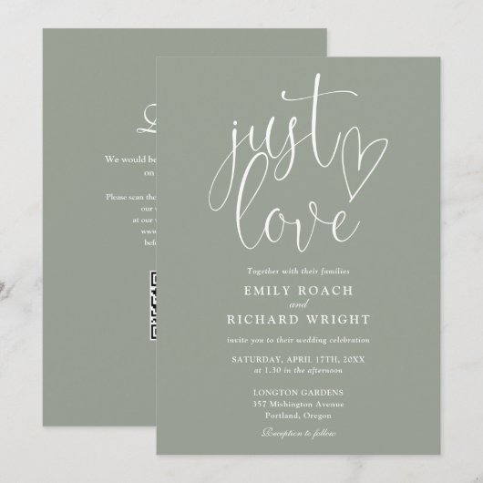 Invitation Just Love Modern QR Code Sage Mariage vert (Devant / Derrière)