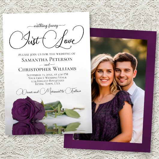 Invitation Just Love Plum Purple Rose Photo on Back Wedding