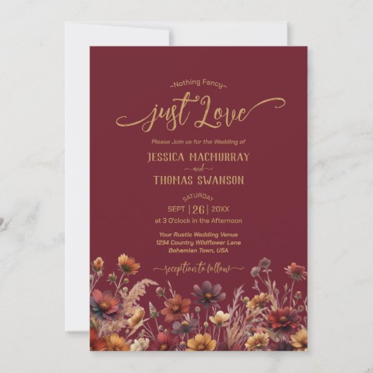 Invitation Just Love Rustic Burgundy Boho Wildflowers Wedding (Devant)