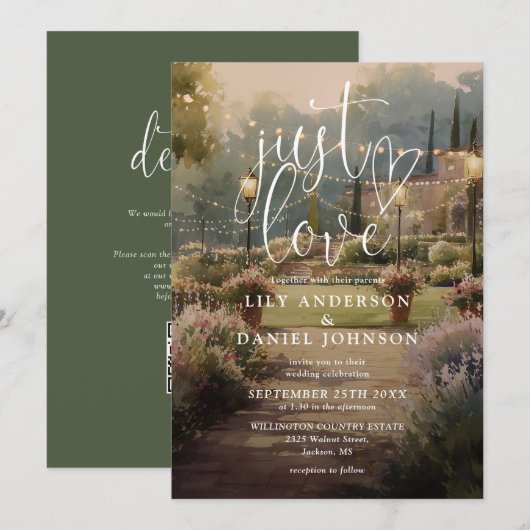 Invitation Just Love Rustique Jardin Mariage Code QR (Devant / Derrière)