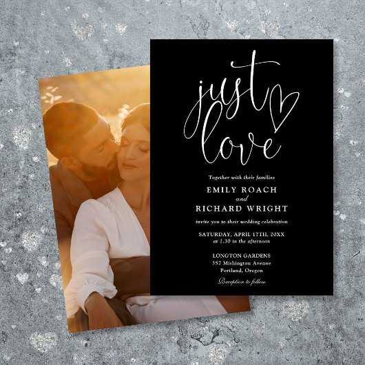 Invitation Just Love Script Photo Mariage noir et blanc