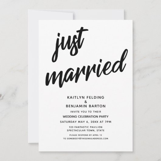 Invitation "Just Married" Gras Script Mariage Réception Événe (Devant)