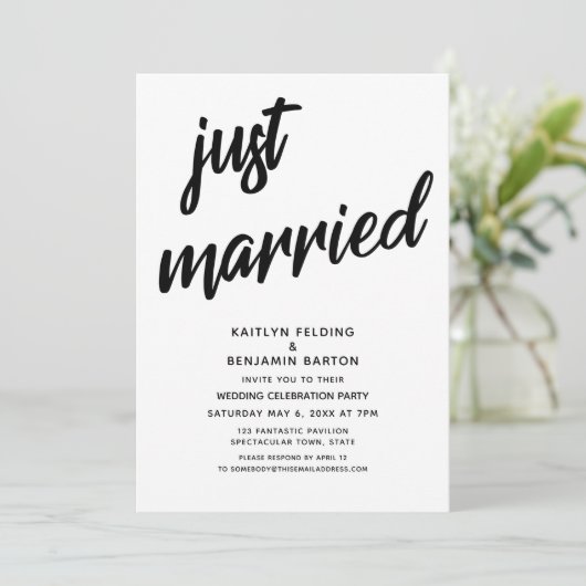 Invitation "Just Married" Gras Script Mariage Réception Événe (Debout devant)
