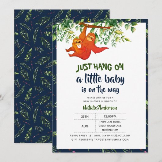Invitation Juste Accrocher sur Sloth Baby shower Garçons Fill (Devant / Derrière)