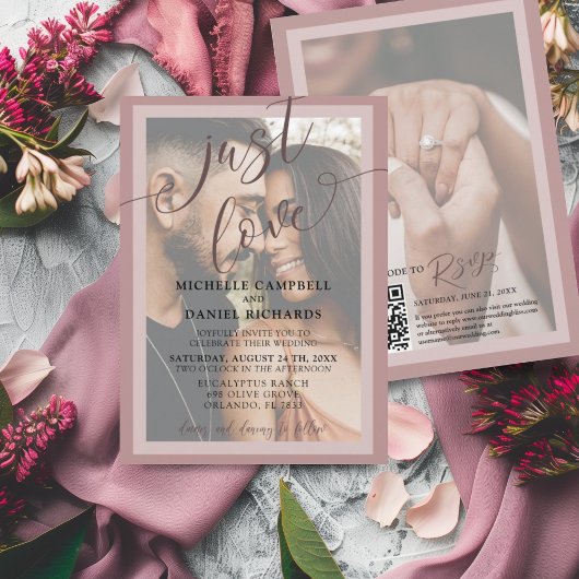 Invitation Juste amour Calligraphie Rose Gold & Photo Mariage