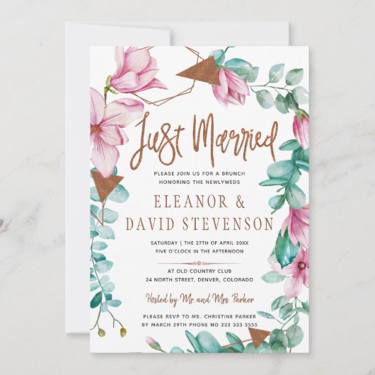 Invitation Juste marié typographie mariage rose floral brunch (Devant)