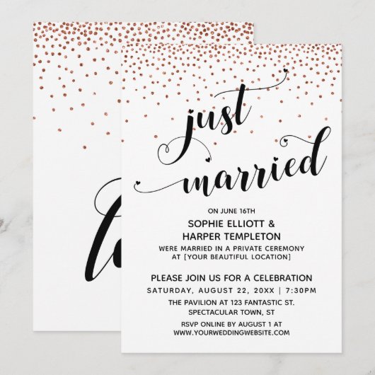 Invitation Juste Mariés Script Cuivre Confettis Réception uni (Devant / Derrière)