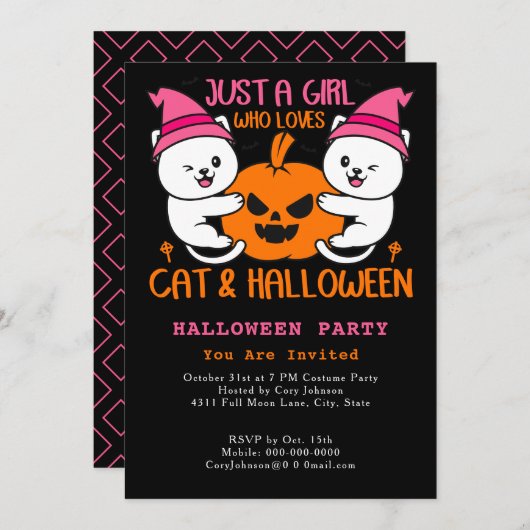 Invitation Juste une fille qui aime Chat & Halloween Meow Par (Devant / Derrière)