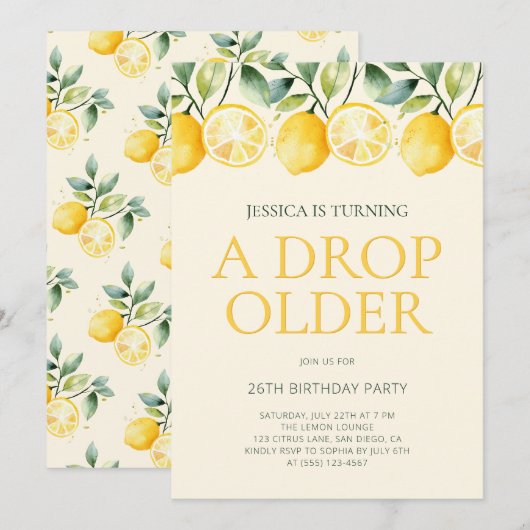 Invitation Juste une goutte de plus Lemon Citrus 26e fête d'a (Devant / Derrière)