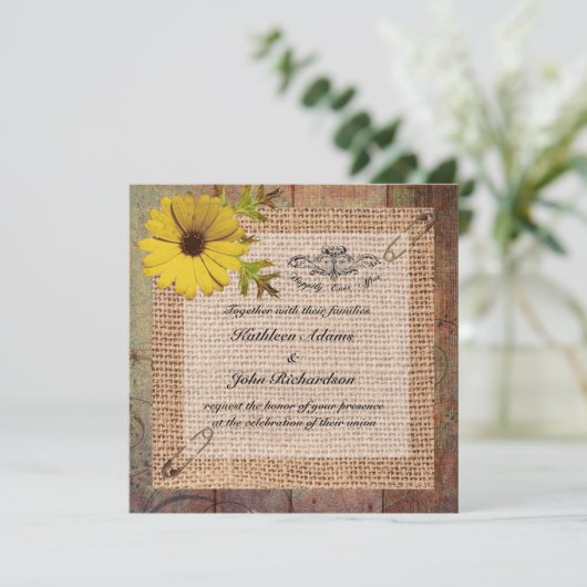 Invitation Jute Burlap sur le Mariage rustique du bois (Debout devant)