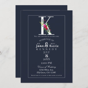 Invitation K Monogramme Dernier initial bleu moderne Mariage 