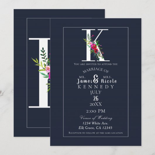 Invitation K Monogramme Dernière Initiale Moderne Fleurs Bleu (Devant / Derrière)
