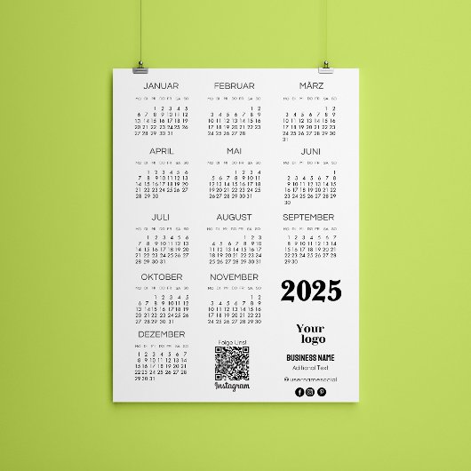 Invitation Kalender Deutsch 2025 Calendrier complet année Qr 
