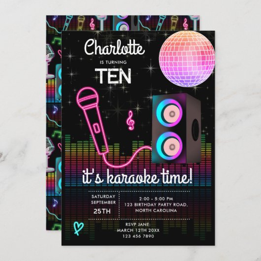 Invitation Karaoke Neon Glow Singing Disco Party Birthday (Devant / Derrière)