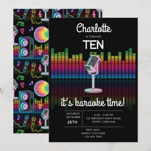 Invitation Karaoke Neon Glow Singing Music Party Birthday (Devant / Derrière)