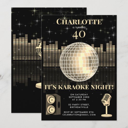 Invitation Karaoke Night Black Gold 40th Disco Birthday Party (Devant / Derrière)