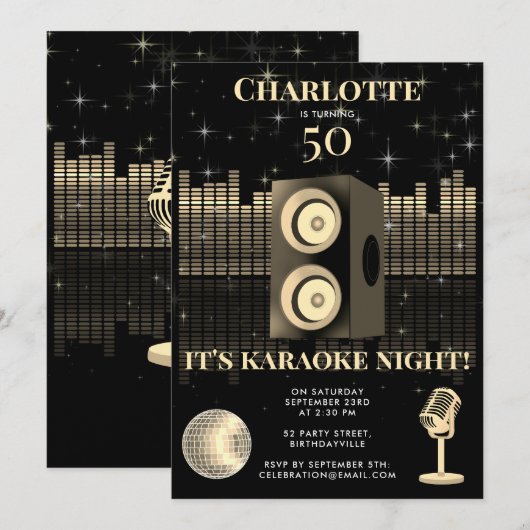 Invitation Karaoke Night Black Gold 50th Disco Birthday Party (Devant / Derrière)