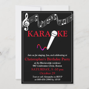 Invitation Karaoke Party Échelle musicale Microphone Rouge Bl