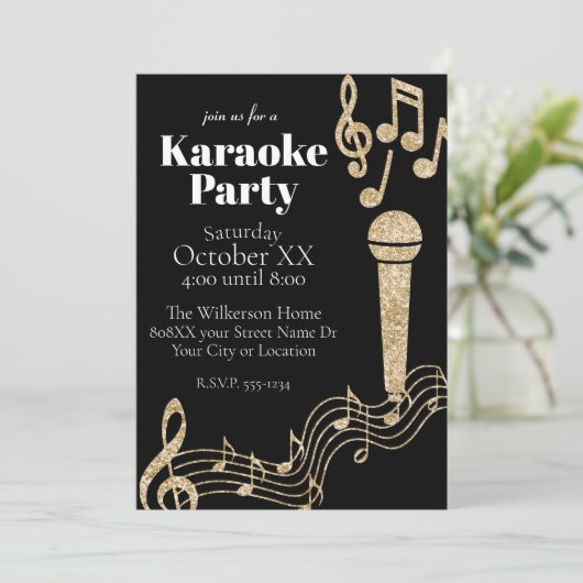 Invitation Karaoke Party Gold Parties scintillant Notes music (Debout devant)