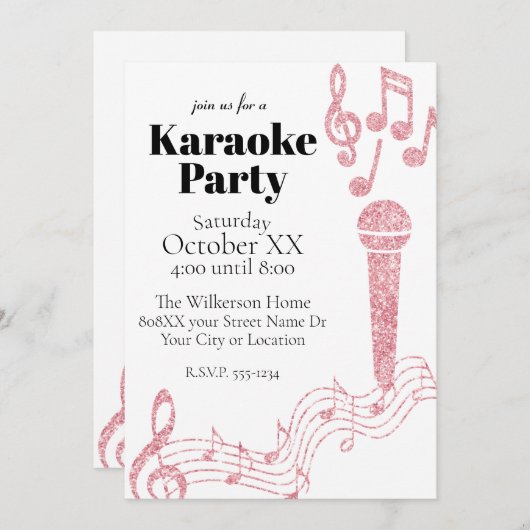 Invitation Karaoke Party Parties scintillant rose Notes music (Devant / Derrière)