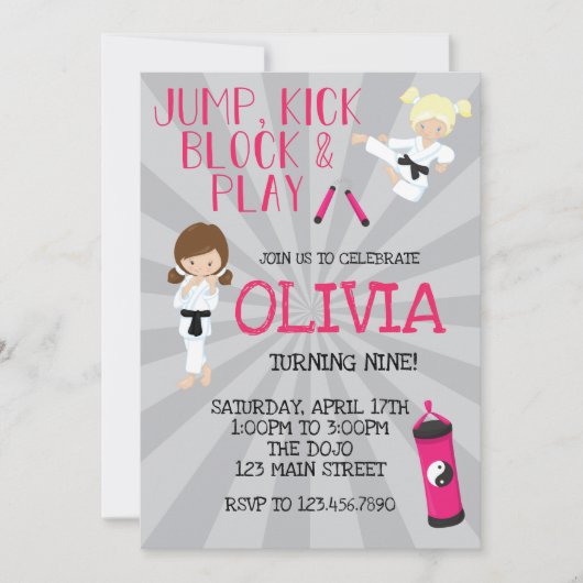 Invitation Karate Girl Pink Martial Arts Anniversaire (Devant)