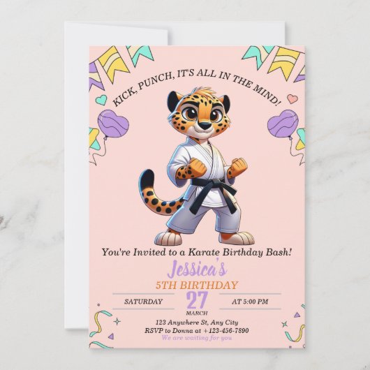Invitation Karate Martial Animal Arts Fille d'anniversaire (Devant)