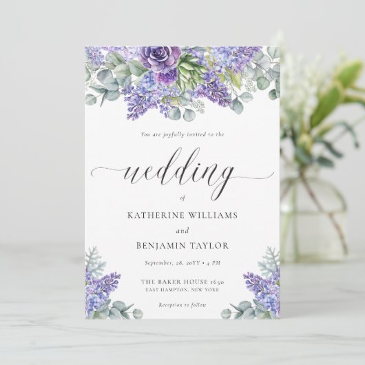 Invitation Katherine Elegant Script Floral Lavender Mariage (Debout devant)