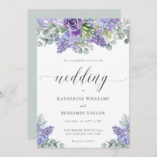 Invitation Katherine Elegant Script Floral Lavender Mariage (Devant / Derrière)