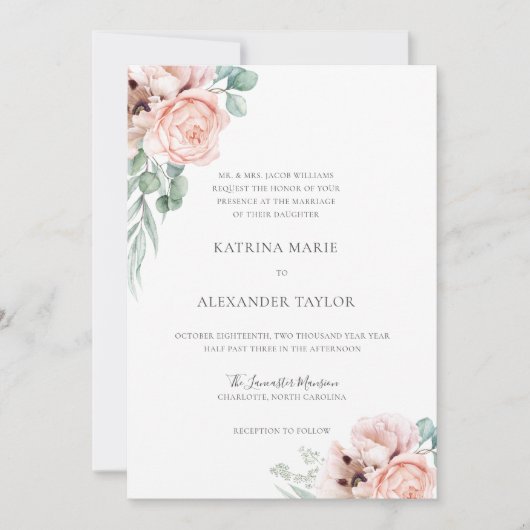 Invitation Katrina Boho rose Mariage d'aquarelle (Devant)