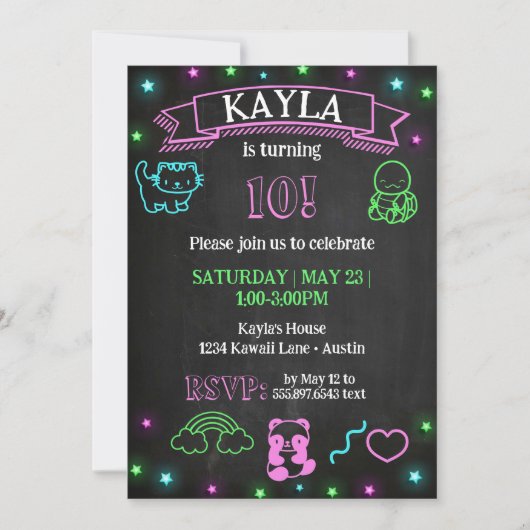 Invitation Kawaii Anniversaire Chalkboard Neon Party Invitati (Devant)