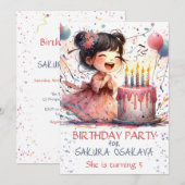 Invitation Kawaii Asian girl 5e Anniversaire gâteau nom des c (Devant / Derrière)