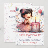 Invitation Kawaii Asiatique fille 1er Anniversaire gâteau nom (Devant / Derrière)