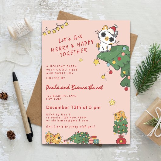 Invitation Kawaii Chat Mignon & Arbre de Noël
