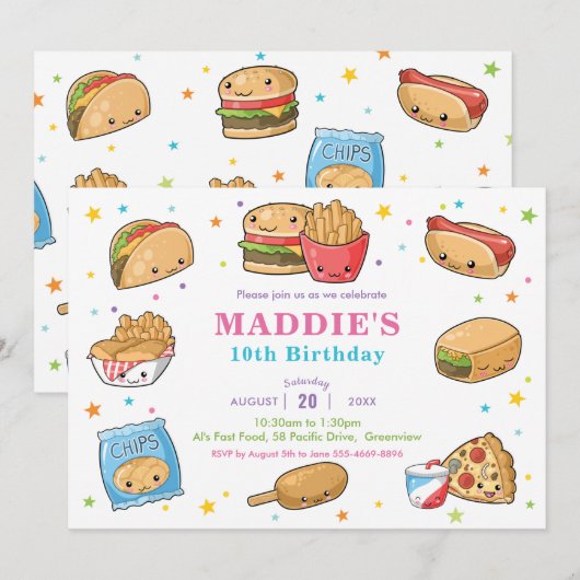 Invitation Kawaii Cute Fast Food Party Fille Anniversaire (Devant / Derrière)