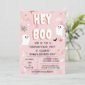 Invitation Kawaii Halloween Fantôme rose Anniversaire Hey Boo (Debout devant)