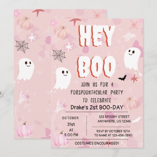 Invitation Kawaii Halloween Fantôme rose Anniversaire Hey Boo (Devant / Derrière)