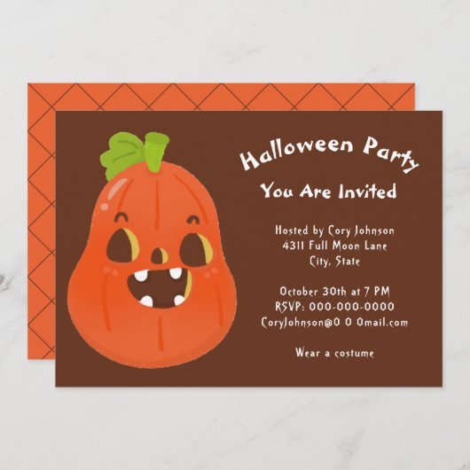 Invitation Kawaii Halloween Jack o' Lantern Parti blanc Brown (Devant / Derrière)