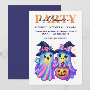 Invitation Kawaii Holographique Retro Ghosts Halloween Party