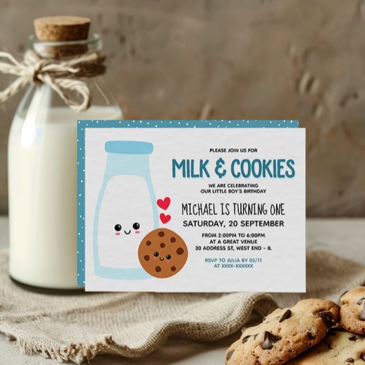 Invitation Kawaii Lait et Cookies Anniversaire
