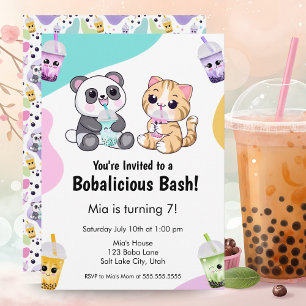 Invitation Kawaii Panda & Tiger Bubble Tea Anniversaire de en